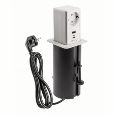 AE-GMW1STOW-10 Подовжувач GTV висувний TOWER, 1xSCHUKO, 1xUSB, 1xTYPE-C, кабель з вилкою 1,5м, інокс