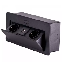   Удлинитель DC врезной на 2 розетки + 2 USB разъема с подъемной крышкой с округлыми краями Черный